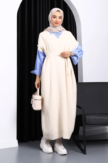 Krem Gömlek Garnili Kuşaklı Triko Elbise