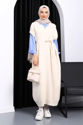 Krem Gömlek Garnili Kuşaklı Triko Elbise