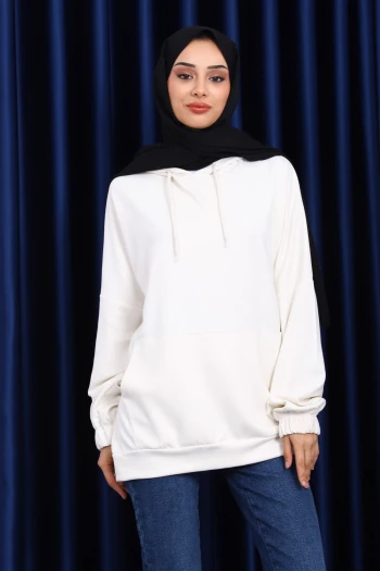Krem Kanguru Cepli Modal Sweatshirt