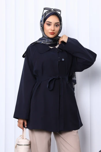 Lacivert Apolet Detaylı Kuşaklı Trençkot