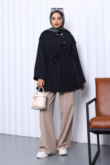 Lacivert Apolet Detaylı Kuşaklı Trençkot