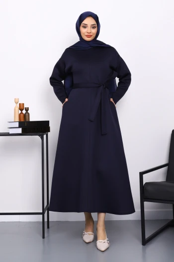 Lacivert Bel Kuşaklı Scuba Elbise
