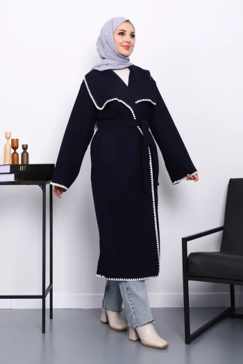 Lacivert Çoban Dikişli Şal Yaka Kaşe Kaban