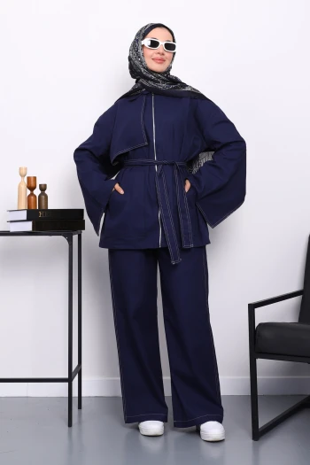 Lacivert Fermuarlı Gabardin Ceket Pantolonlu Takım