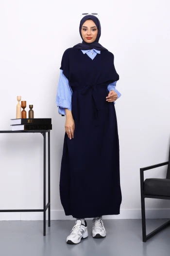Lacivert Gömlek Garnili Kuşaklı Triko Elbise