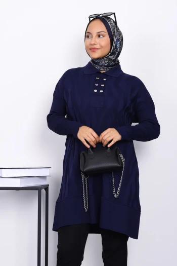 Lacivert Gömlek Yaka Soğık İplik Triko Tunik
