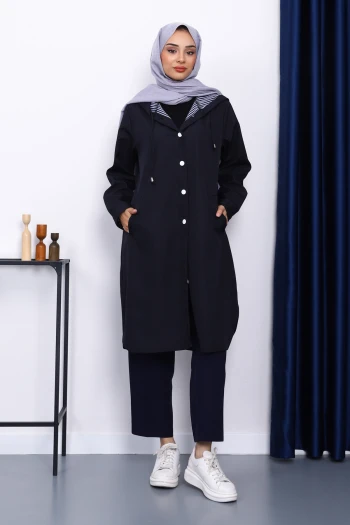 Lacivert Kapşonlu Düğme Detaylı Trençkot