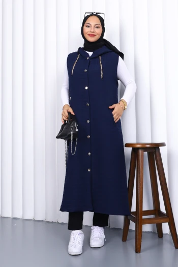 Lacivert Kapüşonlu Kapitone Uzun Yelek