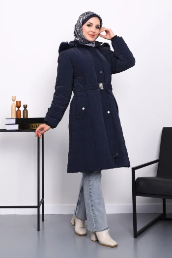 Lacivert Kapüşonu Kürklü Uzun Şişme Mont