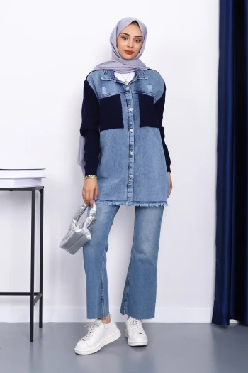 Lacivert Kot Garnili Triko Hırka