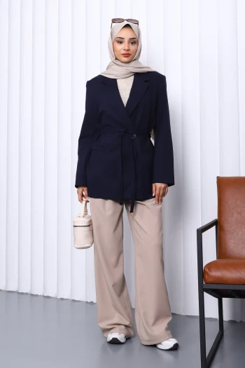 Lacivert Kruvaze Yaka Düğmeli Blazer Ceket