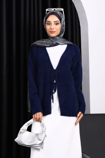 Lacivert Ön Bağlama Detaylı Angora Yumoş Hırka