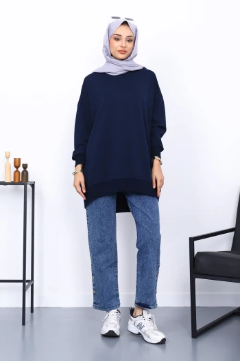 Lacivert Önü Kısa Arkası Uzun Oversize Sweatshirt
