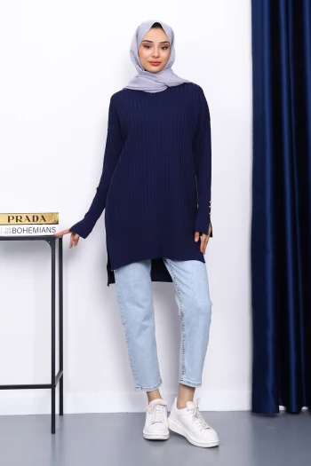 Lacivert Önü Kısa Arkası Uzun Triko Tunik