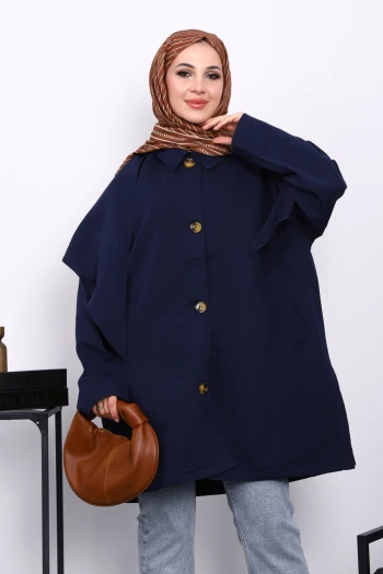 Lacivert Pelerin Detaylı  Düğmeli Trençkot