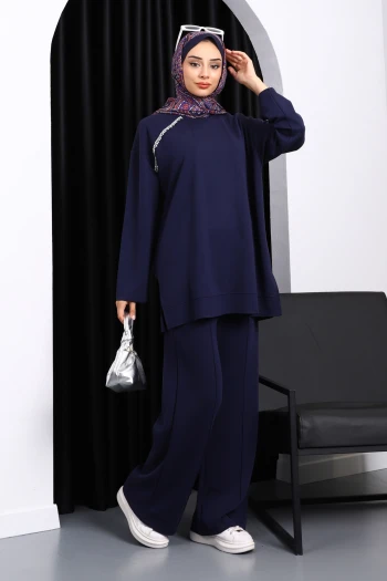 Lacivert Taş Detaylı Tunik Pantolonlu Modal Takım