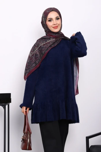 Lacivert Volanlı Angora Yumoş Triko Tunik
