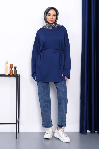 Lacivert Yanları Yırtmaçlı Bel İpli Tunik