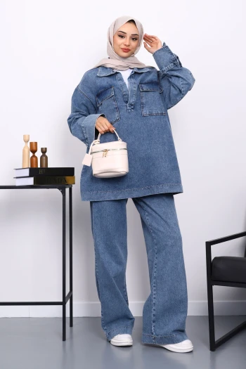 Mavi Cepli Gömlek Pantolonlu Kot Takım