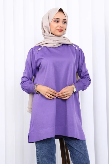Mor Omuz Taşlı Soguk İplik Triko Tunik
