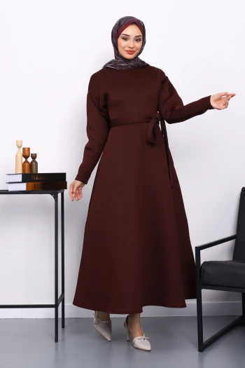 Mürdüm Bel Kuşaklı Scuba Elbise