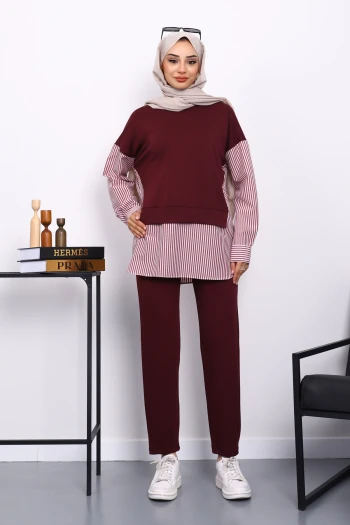 Mürdüm Gömlek Garnili Modal Tunik Pantolonlu Takım