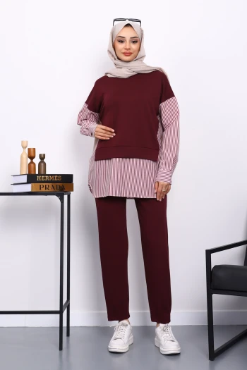 Mürdüm Gömlek Garnili Modal Tunik Pantolonlu Takım