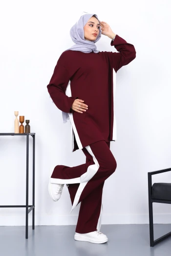 Mürdüm Renk Bloklu Modal Tunik Pantolonlu Takım