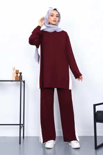 Mürdüm Renk Bloklu Modal Tunik Pantolonlu Takım