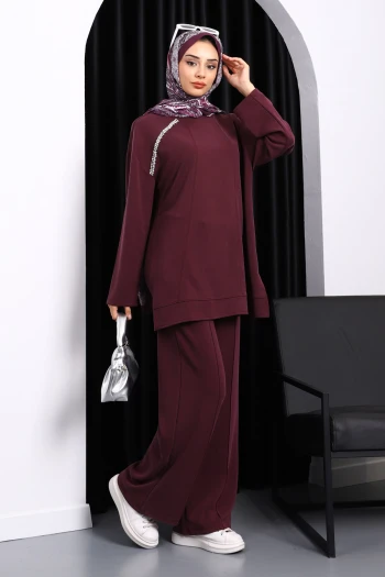 Mürdüm Taş Detaylı Tunik Pantolonlu Modal Takım