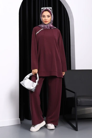 Mürdüm Taş Detaylı Tunik Pantolonlu Modal Takım