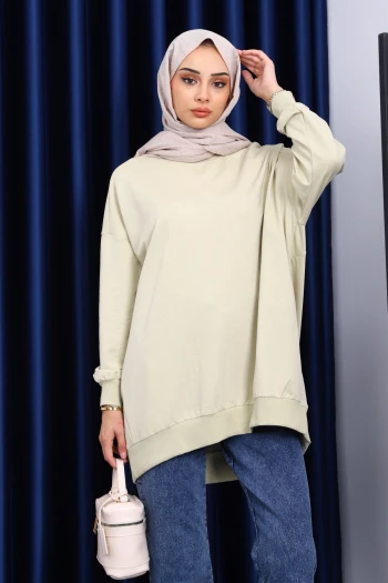 Pastel Yeşili Önü Kısa Arkası Uzun Oversize Sweatshirt