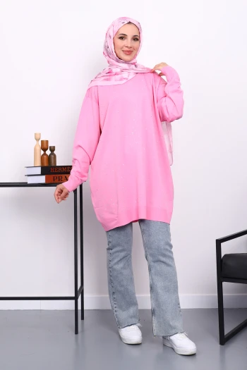 Pembe Bisiklet Yaka Taş İşlemeli Tunik