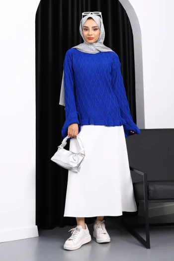 Saks Mavi Bel Ve Kol Ucu Fırfırlı Triko Kazak