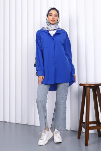 Saks Mavi Cepli Terikoton Gömlek