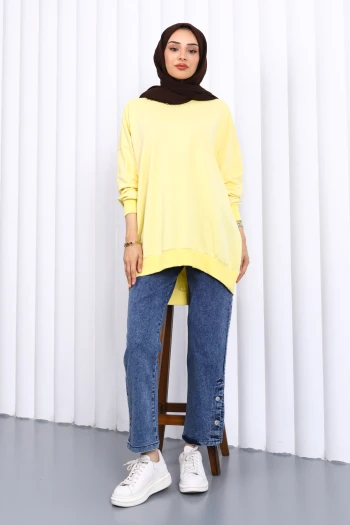 Sarı Önü Kısa Arkası Uzun Oversize Sweatshirt