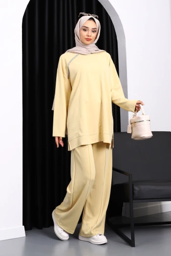 Sarı Taş Detaylı Tunik Pantolonlu Modal Takım