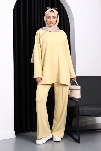 Sarı Taş Detaylı Tunik Pantolonlu Modal Takım
