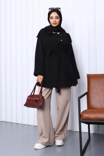 Siyah Apolet Detaylı Kuşaklı Trençkot