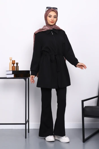 Siyah Bel Bağlamalı Modal Tunik Pantolonlu Takım