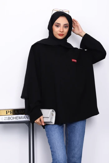Siyah Bisiklet Yaka İki İplik Oversize Sweatshirt