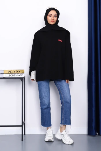 Siyah Bisiklet Yaka İki İplik Oversize Sweatshirt