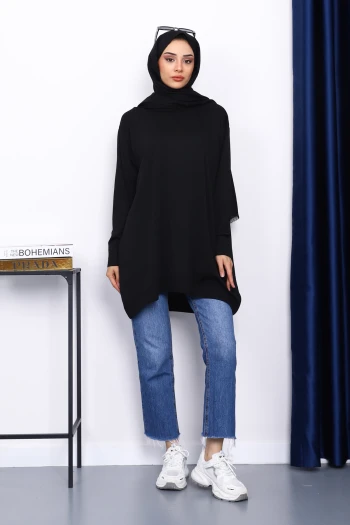 Siyah Bisiklet Yaka Merserize Tunik
