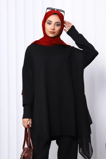 Siyah Bisiklet Yaka Tül Detaylı Tunik