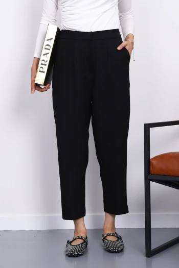 Siyah Dabıl Bel Lastikli Havuç Pantolon