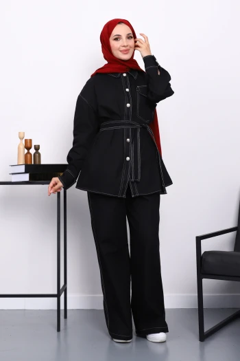 Siyah Düğmeli Gabardin Ceket Pantolonlu Takım