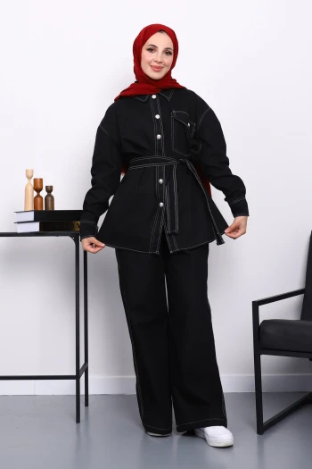 Siyah Düğmeli Gabardin Ceket Pantolonlu Takım