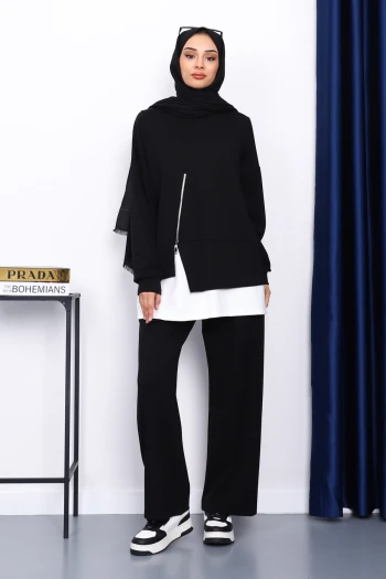 Siyah Fermuar Detaylı Modal Tunik Pantolonlu Takım