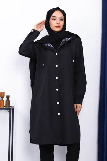 Siyah Kapşonlu Düğme Detaylı Trençkot