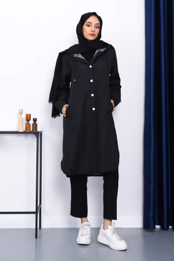 Siyah Kapşonlu Düğme Detaylı Trençkot